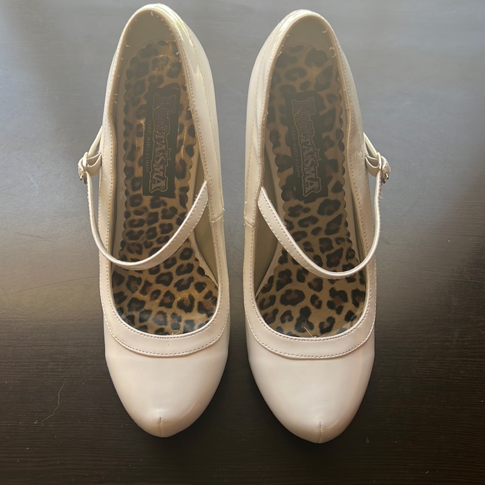 Funtasma brand white patent leather closed toe pump with ankle strap